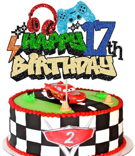 Gyufise 1Pcs Happy 17th Birthday Cake Topper Glitter Video Game Cake Pick Game On Controllers Seventeen Cheers to 17 Years Cake Decoration for Game Theme Happy 17th Birthday Party Supplies