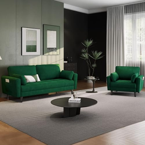 Yaheetech 1/2 Sitzer Sofa Set Polstersofa mit 2 Kissen und Armlehnen Moderne Couch aus Samtstoff Bequemes Loveseat Sessel für Wohnzimmer/Schlafzimmer Grün