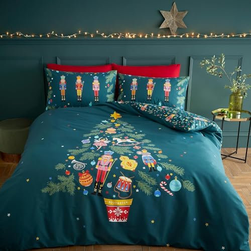 Christmas 3-Piece Duvet Set - Soft microfiber bedding with festive snowflake, duvet cover double Double-sided printed nutcracker Santa and reindeer graphics for warm, festive comfort during winter