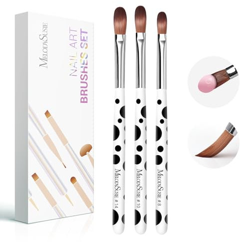 MelodySusie 3Pcs Acrylic Nail Brush Set, Size 8/10/14 Professional Brushes Pen for Acrylic Application Acrylic Powder Nail Art Extension and 3D Nail Carving for DIY Home Salon
