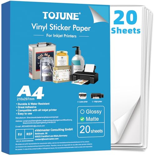 TOJUNE Papel Adhesivo de Vinilo Imprimible para Impresoras de Inyección de Tinta, A4, 21 x 29.7 cm, Resistente al Agua, Corte Arbitrario, reverso adhesivo (20 Hojas) (Blanco Mate)