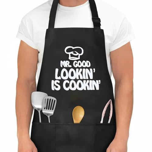 Aomig Kitchen Apron Couple Chef Aprons, Adjustable Bib Apron with 3 Pockets, Waterproof, Black, Unisex-Adults, Seniors, Retirees, Home Cooks