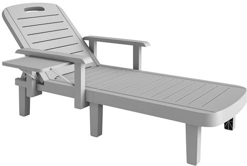 Outsunny Sonnenliege Gartenliege mit Seitentisch Holzoptik Liegestuhl mit 5-Fach verstellbare Rückenlehne, wetterfeste Gartenstuhl bis 120 kg belast, für Garten Outdoor Strand, Hellgrau