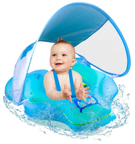 Baby Swimming Float, Baby Pool Float with Canopy, Inflatable Whale Baby Swimming Ring with Safety Seat, Fun Water Toys Bathing Accessories for Age 3-36 Months Babies Toddlers Kids Infant