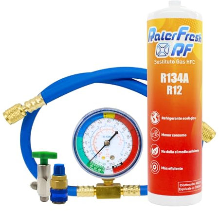 Gas Refrigerante Organico para Aire Acondicionado Coche Ralerfresh RF equivalente a 1000gr sustituto de los gases R134a y R12 (Botella + Manometro con manguera + 1 Conector)