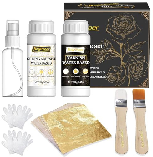 Blattgold Kleber Set für Handwerk, Inklusive Vergoldungskleber und Wasserbasierter Schutzlack, Blattgold 100 Stück, Pinsel und Sprühflasche Vielseitig für Dekoration und Restaurierung