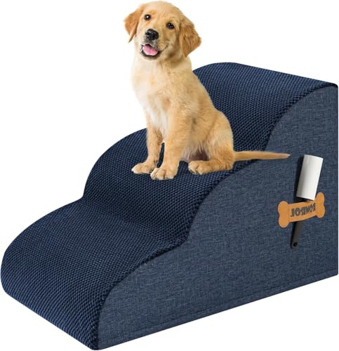 ROMROL Dog Stairs for Small Dogs, 3-Step Non-Slip Pet Ramp for Bed & Sofa – High-Density Foam, Removable Washable Cover – Soft Dog Steps for Puppies, Senior Dogs & Cats, 58x38x38cm, Navy