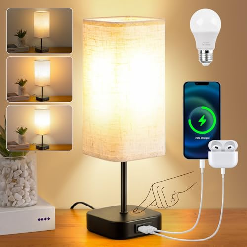 Bedside Table Lamp Touch Control - USB A+C Charging Ports Rechargeable 3-Way Dimmable LED Gray Shade Lamps Dimmer Tables Lampe Reading Night Modern Charger Lights Bedroom Living Room Bed Side Lounge