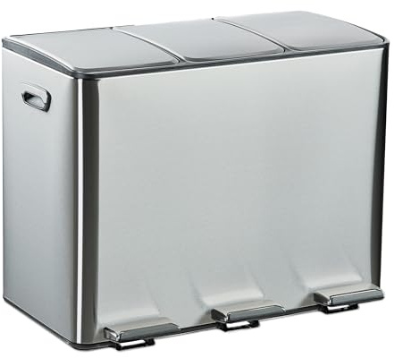 Relaxdays Kitchen Bin, 3 Sections, 15 L Each, Removable Inner Dustbins, Soft Close Lid, Foot Pedals, Separation, Silver