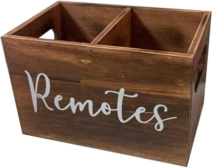 LOVIVER Remote Control Holder Box, 2 Compartments Office Organizer, Pencils Holder Wooden Desk and Table Multi Storage Organizer for Tv Remote, Heater Controllers, Media Player, Office Supplies, Brown