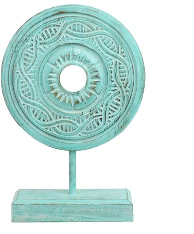Oriental Galerie Skulptur Mandala Zeichen Figur Relief Deko Holz türkise Münze auf Sockel mittel türkis