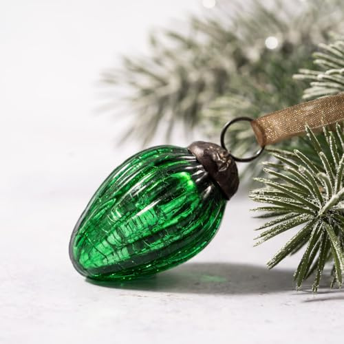 Arthur Cameron – Bauble Set of 6 – Small 1 Crackle Glass Pinecone Ornaments – Hand-Blown Christmas Tree Decorations (Emerald)