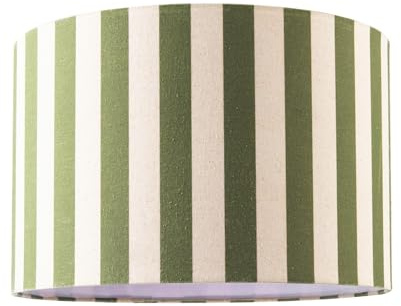 Modern Garden Olive Green and Oatmeal Linen Striped Drum Lamp Shade with Off-White Fabric Inner Lining | 30cm x 20cm | for Ceiling Pendant or Lamp by Happy Homewares