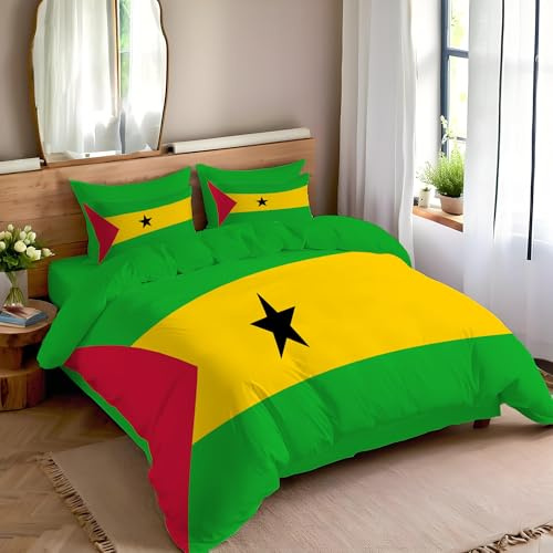 DLERFLOVR Patriotismus Bettwäsche 200x200cm 3 teilig Bettbezug - Flagge Von São Tomé Und Príncipe Bettwäsche-Sets mit 2 Kissenbezüge 80x80cm Smaragdgrün Wendebettwäsche Kuschlig Weich & Bügelfrei