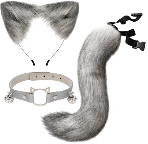 Wolf Kostüm, Fuchs Kostüm 3-teiliges Set mit grauen Katzenohren, Wolf Ohren und Fuchsschwanz für Cosplay und Verkleidungspartys, Wolfs Kostüm für für Halloween Cosplay Party und Alltag Geeignet