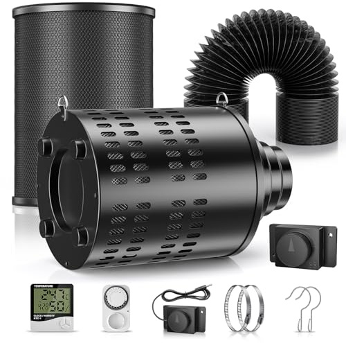 Yigowyigo Inline Pipe Fan 100 mm with Variable Speed, Temperature and Humidity Regulator, 24 W EC Motor Max 3000 RPM, Carbon Filter, 215 CFM Ventilation System, Exhaust Kit for Grow Tent