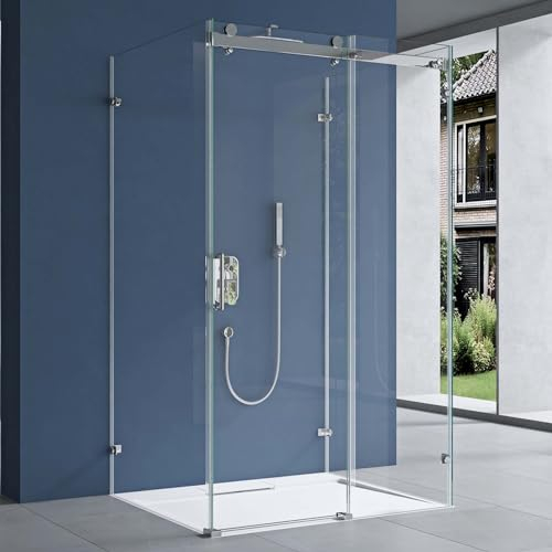 doporro U-Form Duschkabine 90x100x195cm Duschabtrennung mit Schiebetür inkl. Duschtasse Weiß ESG-Sicherheitsglas Klarglas 4-Punktbefestigung inkl. Easy-Clean-Beschichtung Ravenna17-2UK