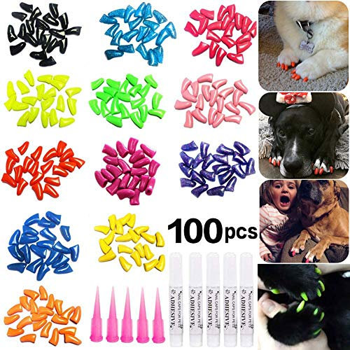 JOYJULY 100pcs Pet Puppy Dog Nail Soft Claw Paws Covers Caps, Control Paws Claws Covers of 5 RANDOM+ 5 Adhesive Glue,M