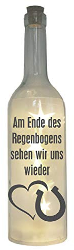 WB wohn trends LED-Flasche mit Motiv, Am Ende des Regenbogens... / Pferd Hufeisen, grau, 29cm, Flaschen-Licht Glitzer-Flasche Leuchtflasche Lampe mit Text Spruch Trauer