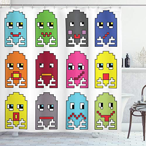 ABAKUHAUS Retro Duschvorhang, Weinlese-Karikatur 90s, Stoffliches Gewebe Badezimmerdekorationsset mit Haken, 175 x 180 cm, Grün Gelb
