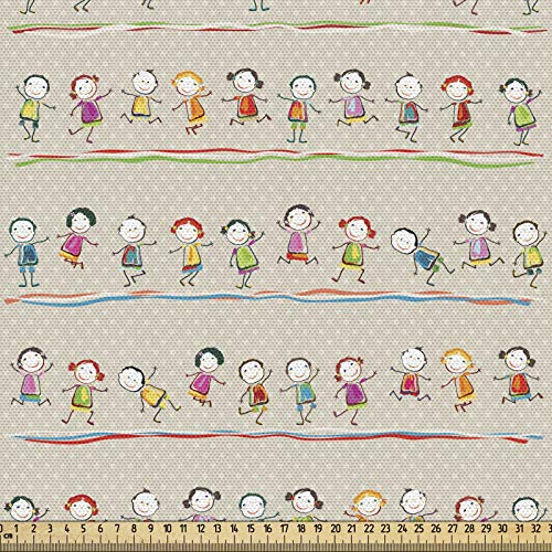 ABAKUHAUS Lustig Gewebe als Meterware, Tanzende Mädchen und Jungen, Dicht Gewebter Stoff zum Nähen Polster Wohnaccessoires, 3M (148x300cm), Sand Mehrfarbig