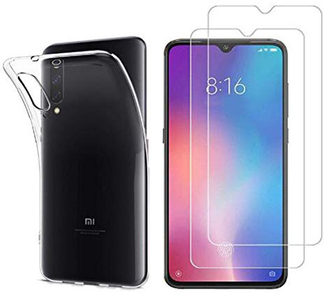 NOVAGO Compatible con Xiaomi MI 9 - Combo Funda Gel de Silicona + 2 Protectores de Pantalla de Vidrio Templado (Transparente)