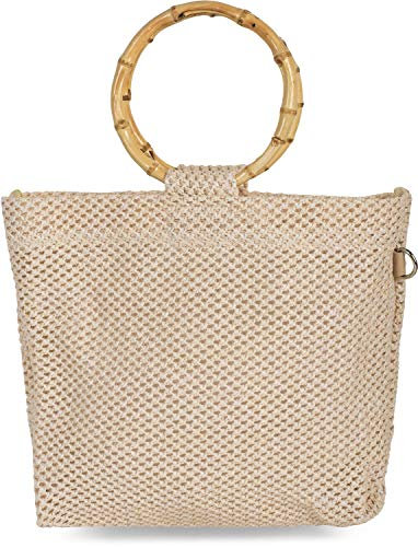 styleBREAKER Damen Henkeltasche mit Bambus Henkel in halb transparenter Häkel Optik, Handtasche, Tasche 02012286, Farbe:Beige