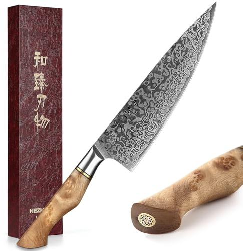 HEZHEN Damascus Chef Knife, 8.3 Inches Razor-sharp Blade, 67 Layers Damascus Steel, VG10 Gyuto Knife-Master Series Chef Cooking Tool at Home,Restaurant-Figured Sycamore Wood Handle
