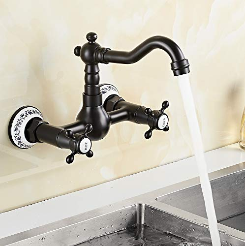 Miscelatore Cucina a Muro Ottone Nero Anticato Rotazione 360° Doppio Comando Volantino a Croce Prugna Rubinetto Cucina