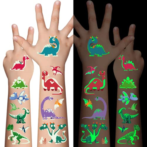 Awinmay Dino Tattoo Kinder - 12 Blätter Leuchtendes Dinosaurier Temporäre Tattoo Aufkleber für Jungen Mädchen,Gesicht Make-up gefälschte Tattoos Urlaub Party Supplies Kindergeburtstag Gastgeschenke