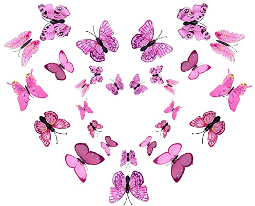 24 Stück 3D Schmetterlinge Deko Schmetterling Wanddeko 3D Schmetterlinge Aufkleber Dekorationen (Rosa)