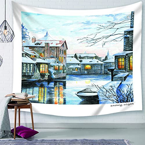 EHOMERY Tapiz Tela Playa Tapiz Piscina Barato Blanco Pintura De Arte De Winter River Town Tapiz Chic Papel Tapiz Juvenil para La Decoración De La Sala De Estar del Dormitorio 37x29 Inches