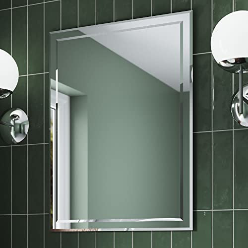 Pebble Grey Bevelled Edge Bathroom Mirror 600x800mm - Isla Rotatable Bathroom Mirrors Wall Mounted, Metal Frame Rectangular Wall Mirror for Bathrooms, Vanity Mirrors for Bedroom, Living Room & Office