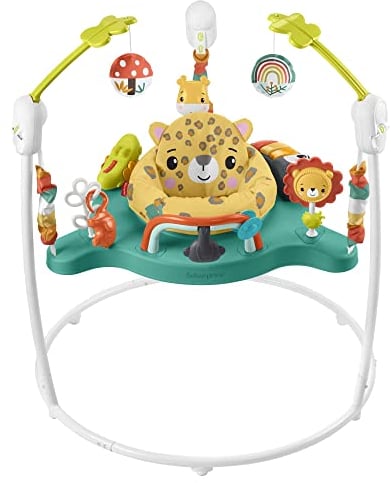 Fisher-Price Hüpf-Leopard Jumperoo - Spielcenter mit Wippe, 360 Grad Sitz, abnehmbarer Tukan, höhenverstellbar, mit Lichtern und Geräuschen, für Babys ab 6 Monaten, HND47