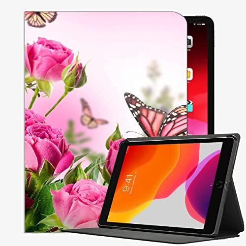 YENDOSTEEN Hülle für iPad Pro 12.9 Zoll 2021/2020/2018,Rosa Rosen-Blumen-Schmetterlinge mit Auto Schlaf-/Aufwachfunktion