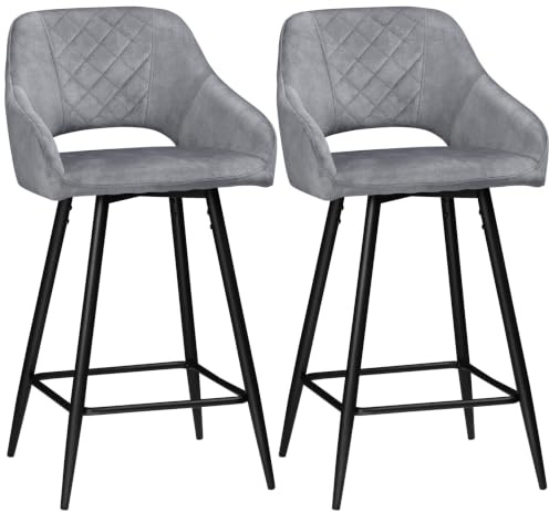 HOMCOM Bar Stools Set of 2 Velvet-Touch Fabric Counter Height Grey | Bar Chairs, Kitchen Stools, Steel Legs, Dining Area, Kitchen Island Barstools