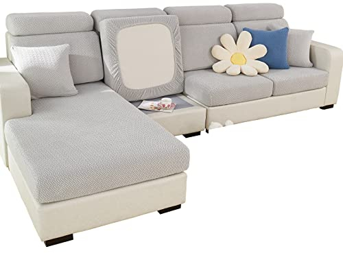 SHANNA Sofa Überzug Stretch, Couch Sofabezug 1 2 3 Sitzer L Form Ecksofa, Sofa Cover Sitzkissenbezug Sofaüberwürfe rutschfest Möbelschutz mit Elastischem Boden,Weben Hellgrau Chaise Abdeckung