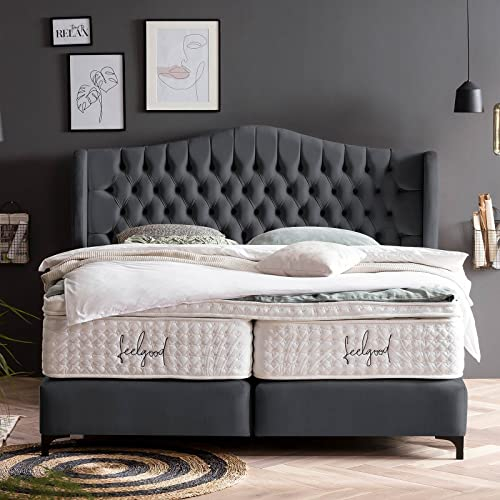 Boxspringbett Maison 180x200 Velours, mit Visco-Topper, Hotelbett, mit Bettkasten, 7 Zonen Taschenfederkern-Matratzen, Aufbau KOSTENLOS (Schwarz, 180x200 cm mit Topper)
