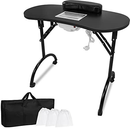 XMTECH Maniküretisch mit Absaugung, Faltbar Nageltisch Maniküre Tisch Tragbaresmanikürtisch Mobilesmanikürtisch mit Rollen, Staubbeutel, Tragetasche, Schwarz