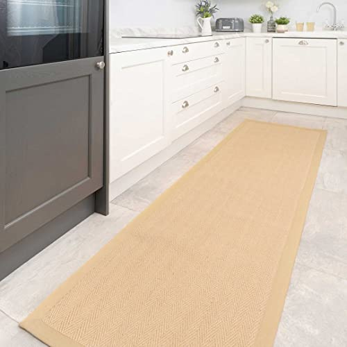 Sustainable Beige Cotton Border Herringbone Soft Natural Jute Area Runner Rug Durable Flatweave Mat Sisal Living Room Entrance Kitchen Hallway Carpet Rugs 70cm x 240cm