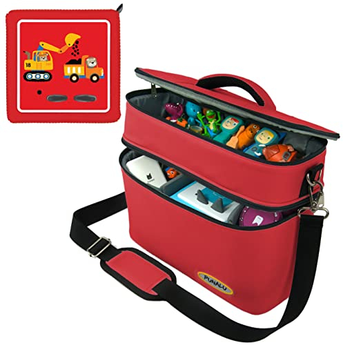 PUNALU große Tasche für Toniebox inkl. Schutzfolie passend für Toniebox, Platz für 68 Tonies, Set Toniebox Tasche + Toniebox Aufkleber (rot)
