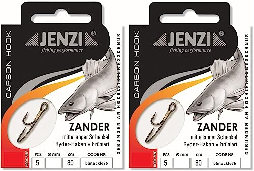 Set: 2 Packungen JENZI gebundene Zanderhaken Ryder-Haken (10 Stück) Mono,80cm Zander Vorfach montiert Hakengröße, 2, 4, 6, 8 + gratis Petri Heill! Aufkleber (Hakengröße 6)