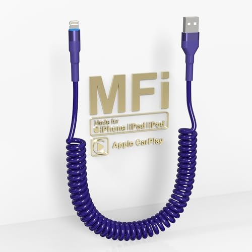 Spiralkabel Lightning Kabel, MFi Zertifiziert USB auf Lightning iPhone Ladekabel für Apple CarPlay, mit Daten & LED Licht für iPhone 14 13 12 11 Pro Max Plus Mini SE XS XR X 8 7 6 5, Blau