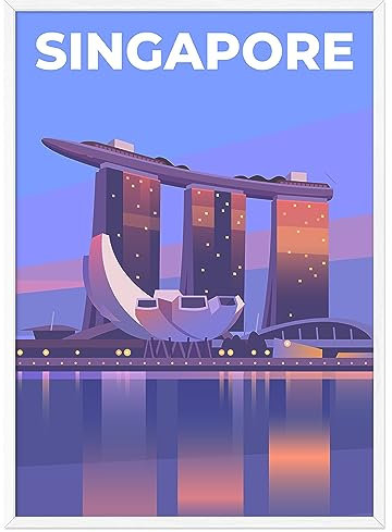 JUNOMI® Singapur Poster DIN A2 | Wohnzimmer Deko, Modernes Wandbild, Asien Bild, Reiseposter, Singapur | Mit Rahmen Weiß
