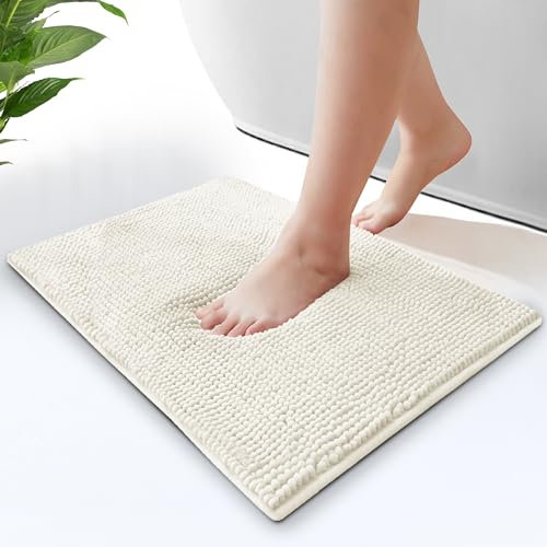 Moonlight Bedding Bath Mat Non Slip Anti Mould - Chenille Shower Mat White 50 x 80 cm Super Absorbent Bathroom Mat Machine Washable Extra Soft Fluffy Bathmat