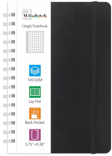 Wiisdatek Graph Paper Notebook, Spiral Graph Grid Notebook with 100gsm Thick Graph Paper, Medium 5.75'' × 8.38'', Hardcover, Double-Wire, Inner Pocket(Black)
