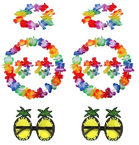 EUPSIIU 10 Stück Hawaii Kostüm Set, Ananas Brille, Armbänder, Halskette, mit Blume Armbänder Stirnband Halskette für Party FeierKostüm Fancy Dress und Tropical Beach für Unisex (Bunt)
