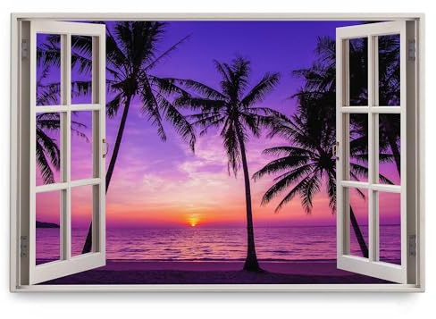 Paul Sinus Wandbild 120x80cm Fensterbild Strand Abendrot Horizont Meer Palmen Traumstrand
