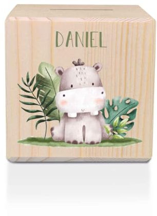 GRAVURZEILE Spardose aus Holz - Safari Tiere - mit Namen personalisiert - Personalisierte Geschenke für Mädchen & Jungen zum Geburtstag Kommunion Einschulung - Geschenk für Kinder - Nilpferd