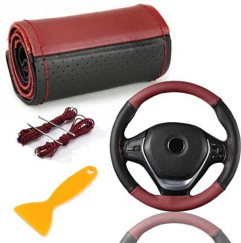 Echtes Leder Lenkradbezug, Lenkradbezug Zum Nähen, Lenkradbezug Leder Universal Passform 37-39 cm Autolenkräder, Zweifarbiger Lenkradbezug aus Leder (schwarz, weinrot)